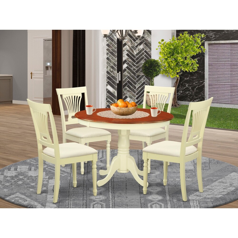 East West Furniture 5 Piece Dining Set  a Round Table with Pedestal and 4 Chairs  Buttermilk   Cherry(Seat Type Options)