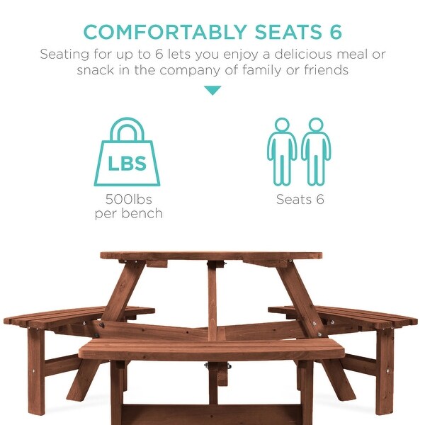 6Person Circular Wooden Picnic Table w/ Umbrella Hole，3 Benches