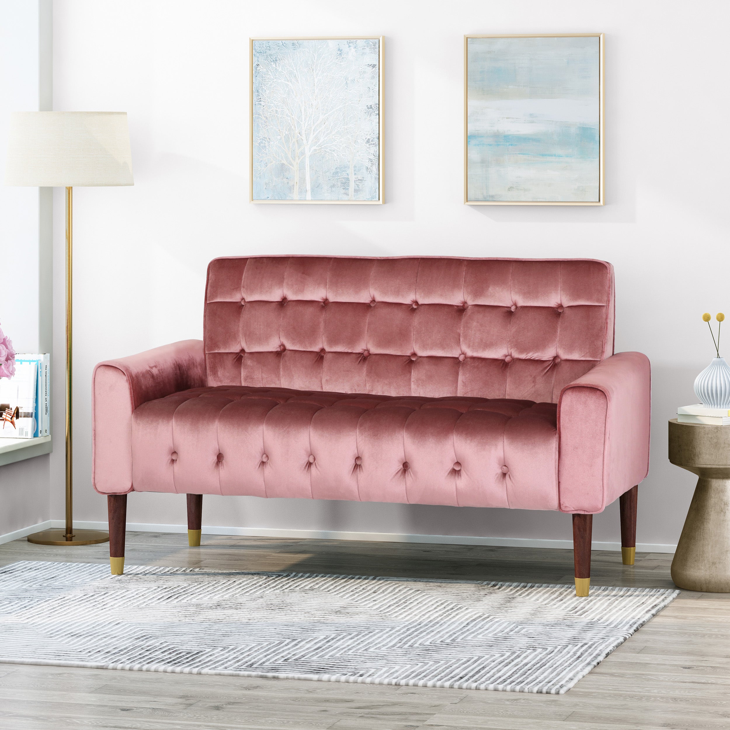 Aubrie Tufted Velvet Loveseat with Gold Tipped Tapered Legs