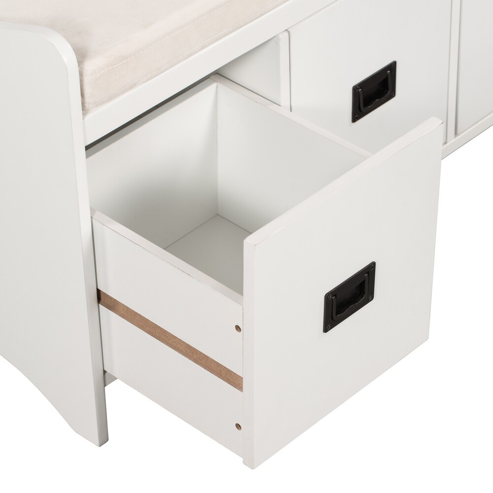 White Entryway Storage Bench with Drawers and Backrest