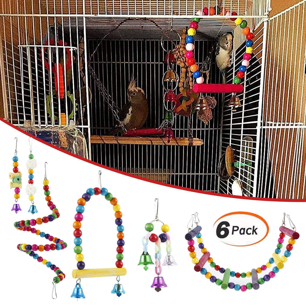 Willstar 6Pcs Bird Parrot Toys， Hanging Bell Pet Bird Cage Hammock Swing Toy Wooden Perch Chewing Toy for Parrots， Birds， Finches