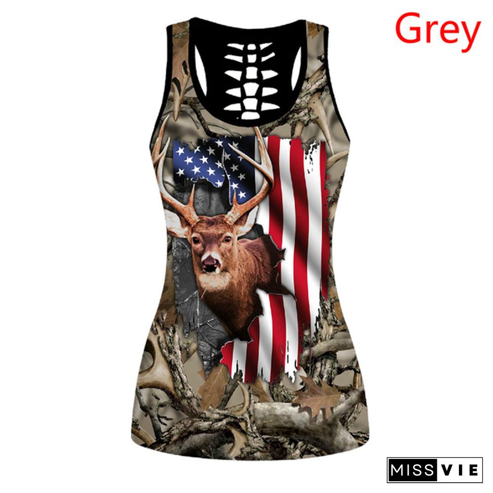 Deer Camouflage Print Cut Out Back Sleeveless Tank Top Sleeveless Shirts