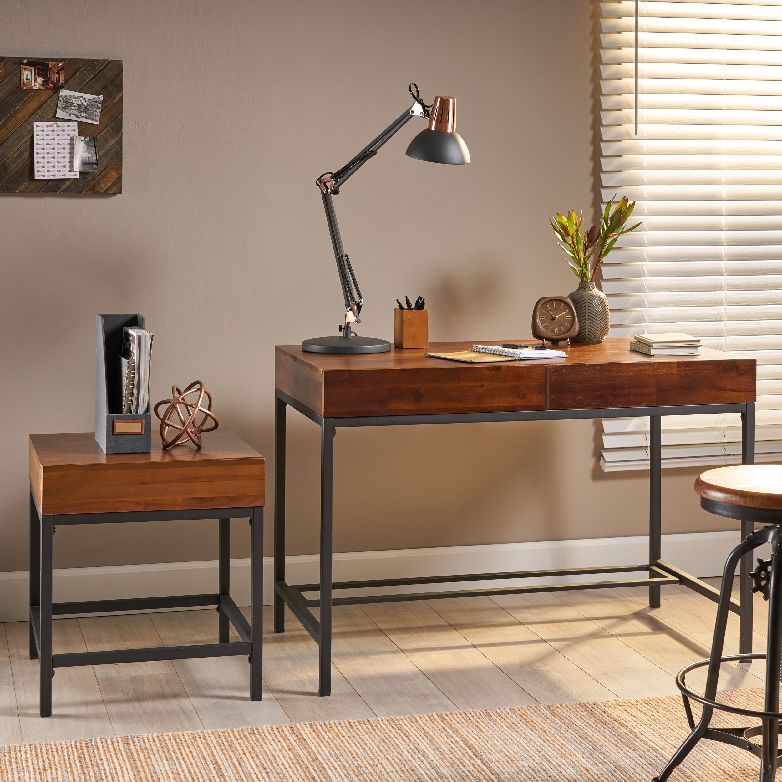 Elrod Industrial Dark Oak Acacia Wood Storage Side Table and Desk Set