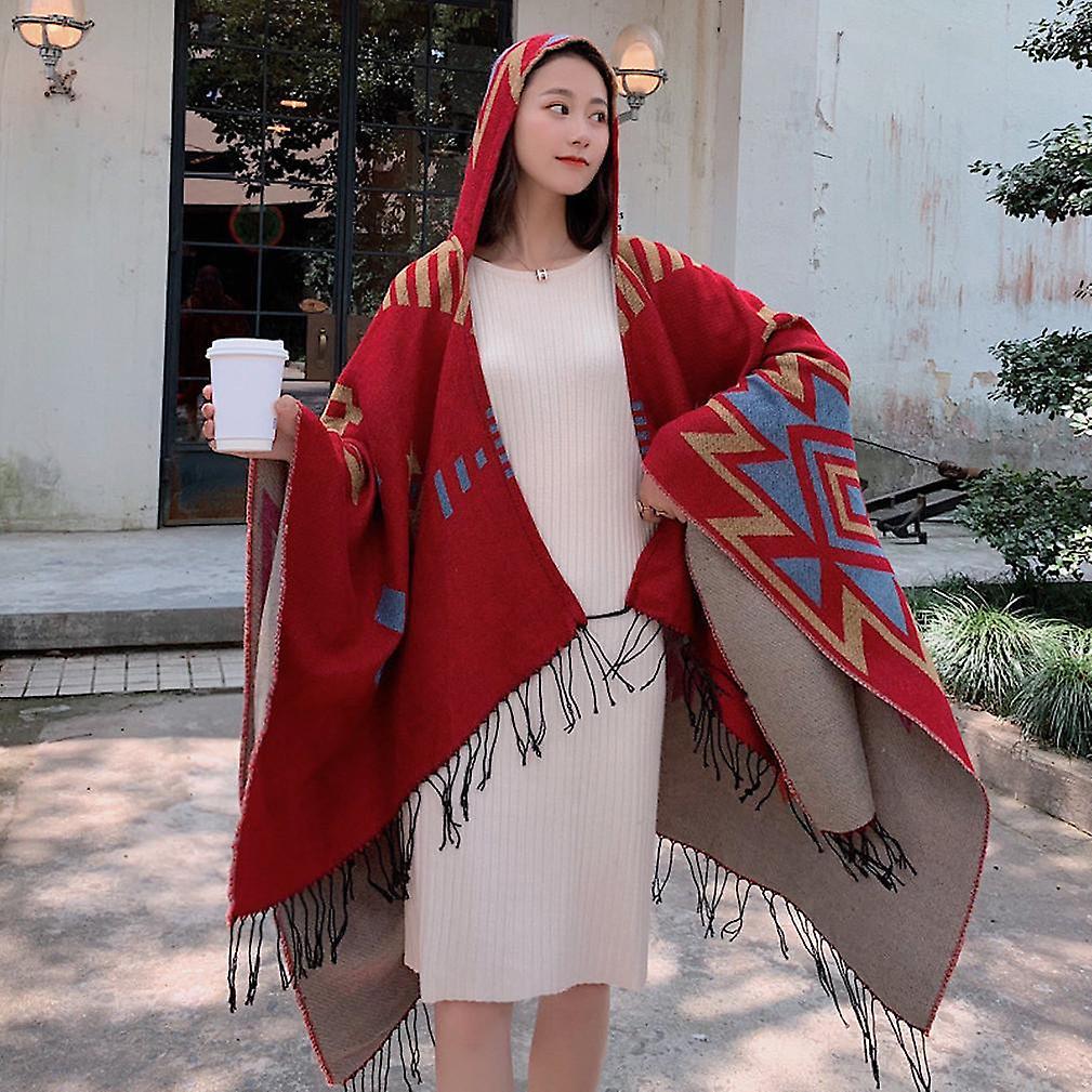 Women's Geometric Thicken Shawl Wrap Lady Poncho Pashmina Cardigant Blanket With Tassel