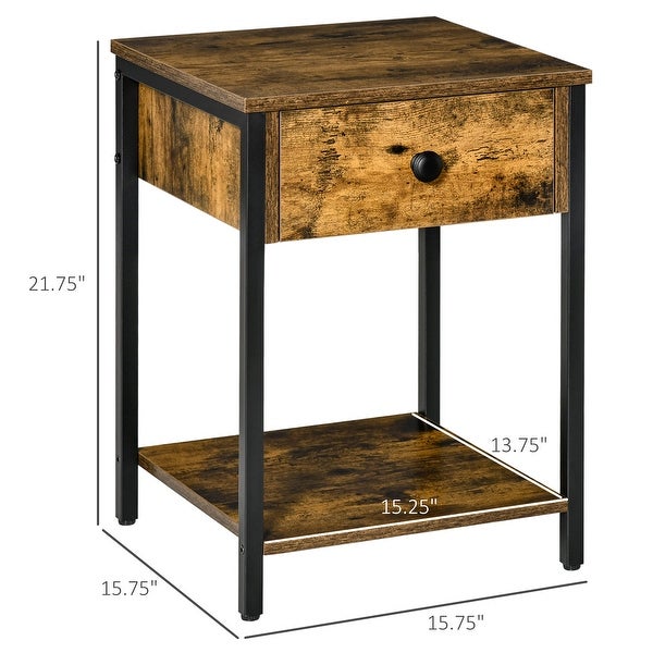 HOMCOM Industrial Side Table with Storage Shelf， Accent Table with Drawer for Living Room， or Bedroom， Rustic Brown