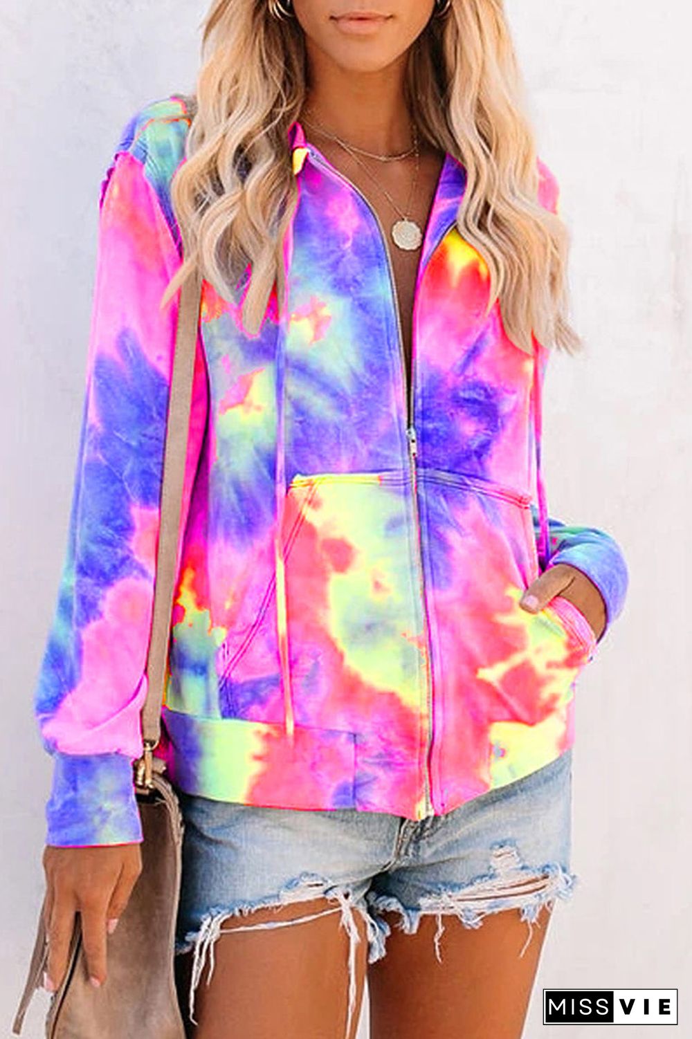 Hooded Collar Tie Dye Zipper Pocket Hoodies