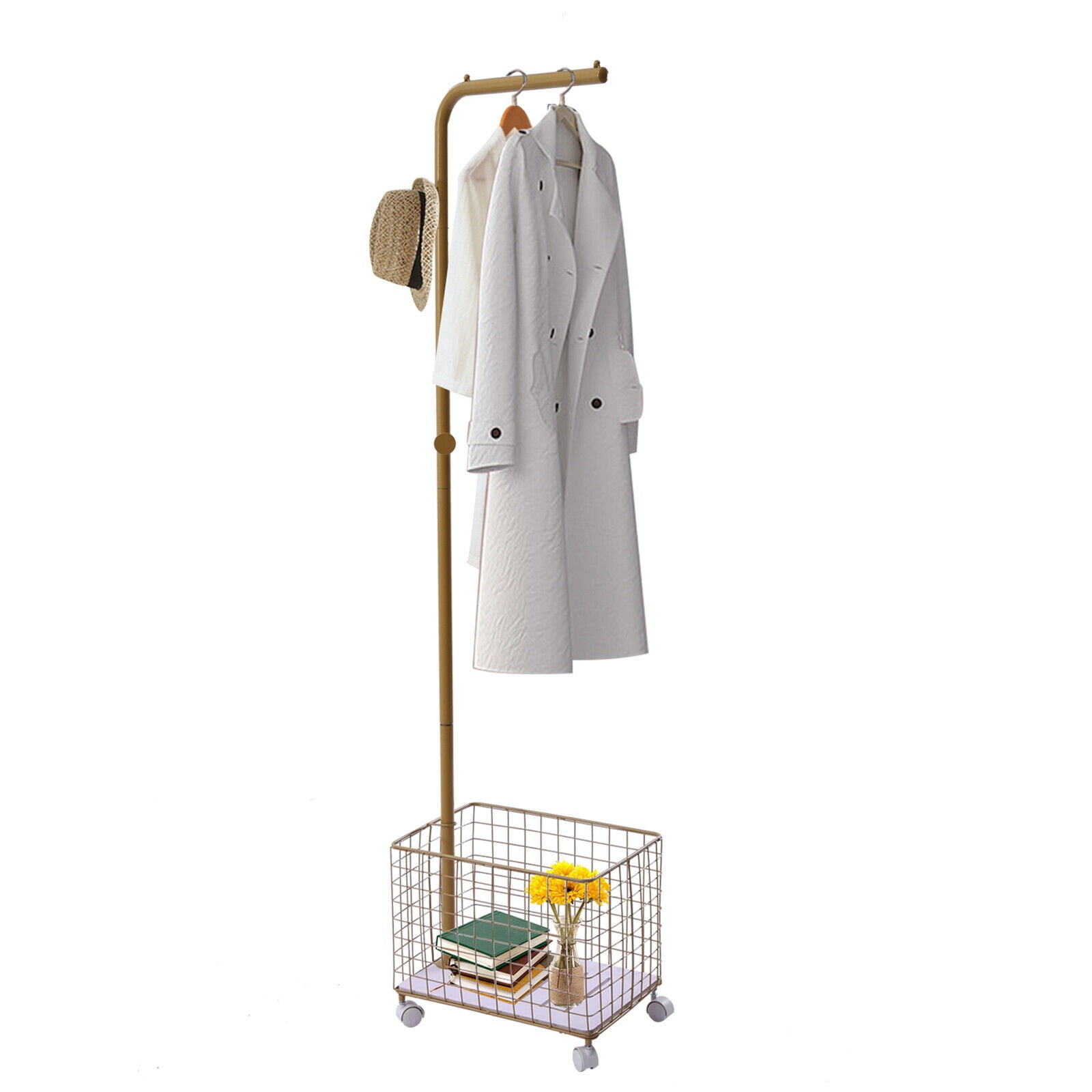 MIDUO Modern Freestanding Metal Coat Rack Rolling Storage Coat Rack w/ Metal Basket Gold