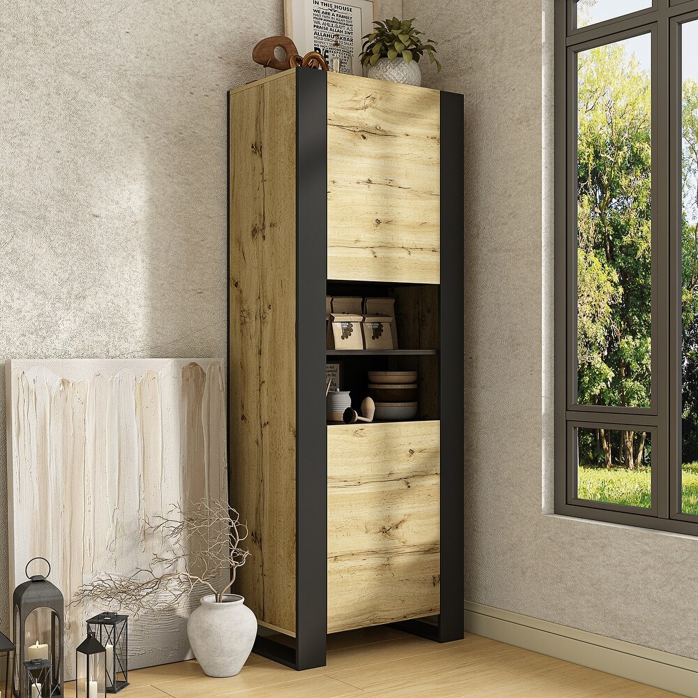 Tall Curio Storage Pantry with 5 Shelves   2 Doors (Wood + Black)   67.3\