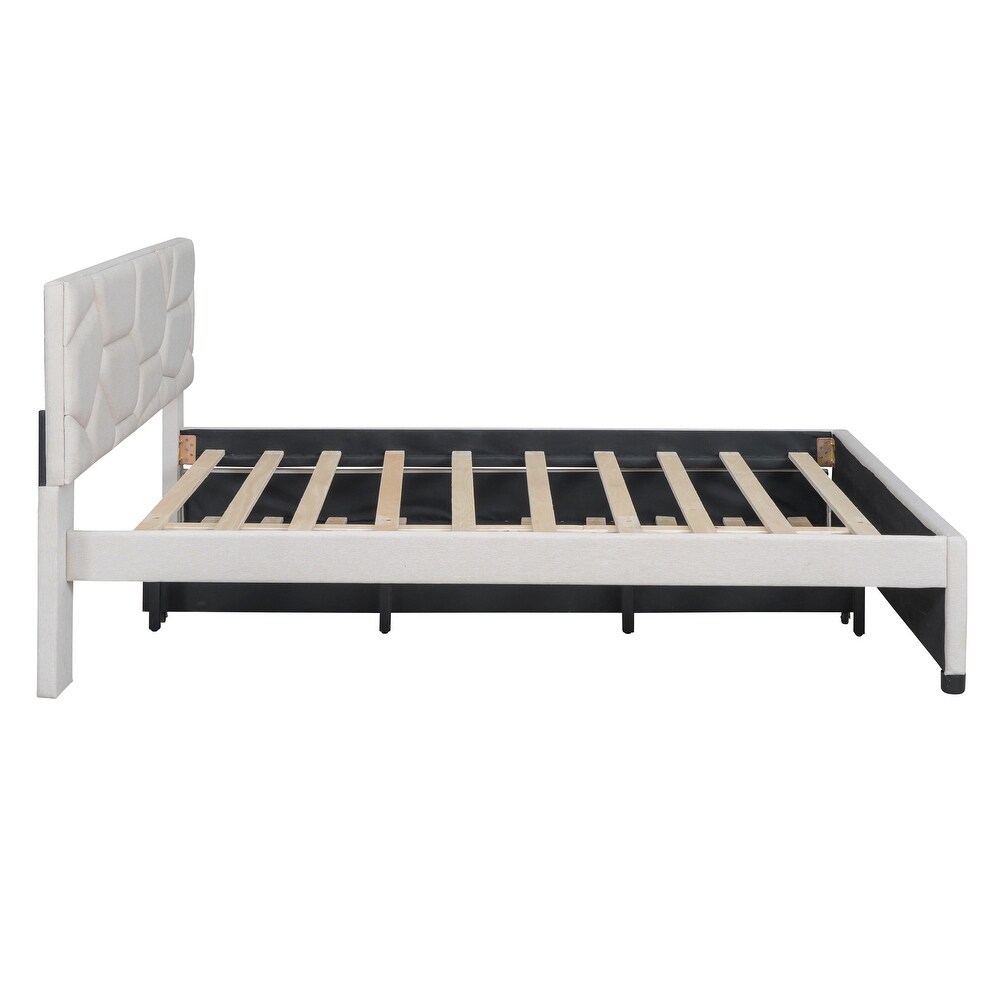 Queen Size Upholstered Platform Bed with Linen Fabric Brick Pattern Headboard and Twin XL Size Trundle Bed Frame