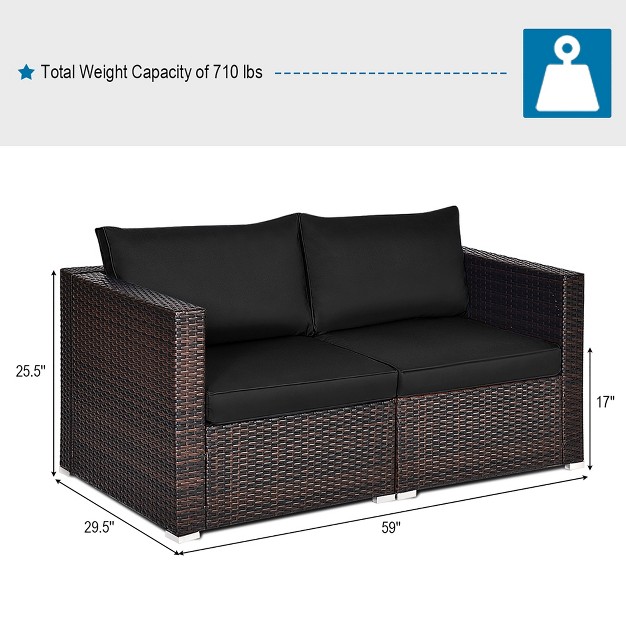 Costway 2pcs Patio Rattan Corner Sofa Sectional Furniture Set Black Cushion Black red