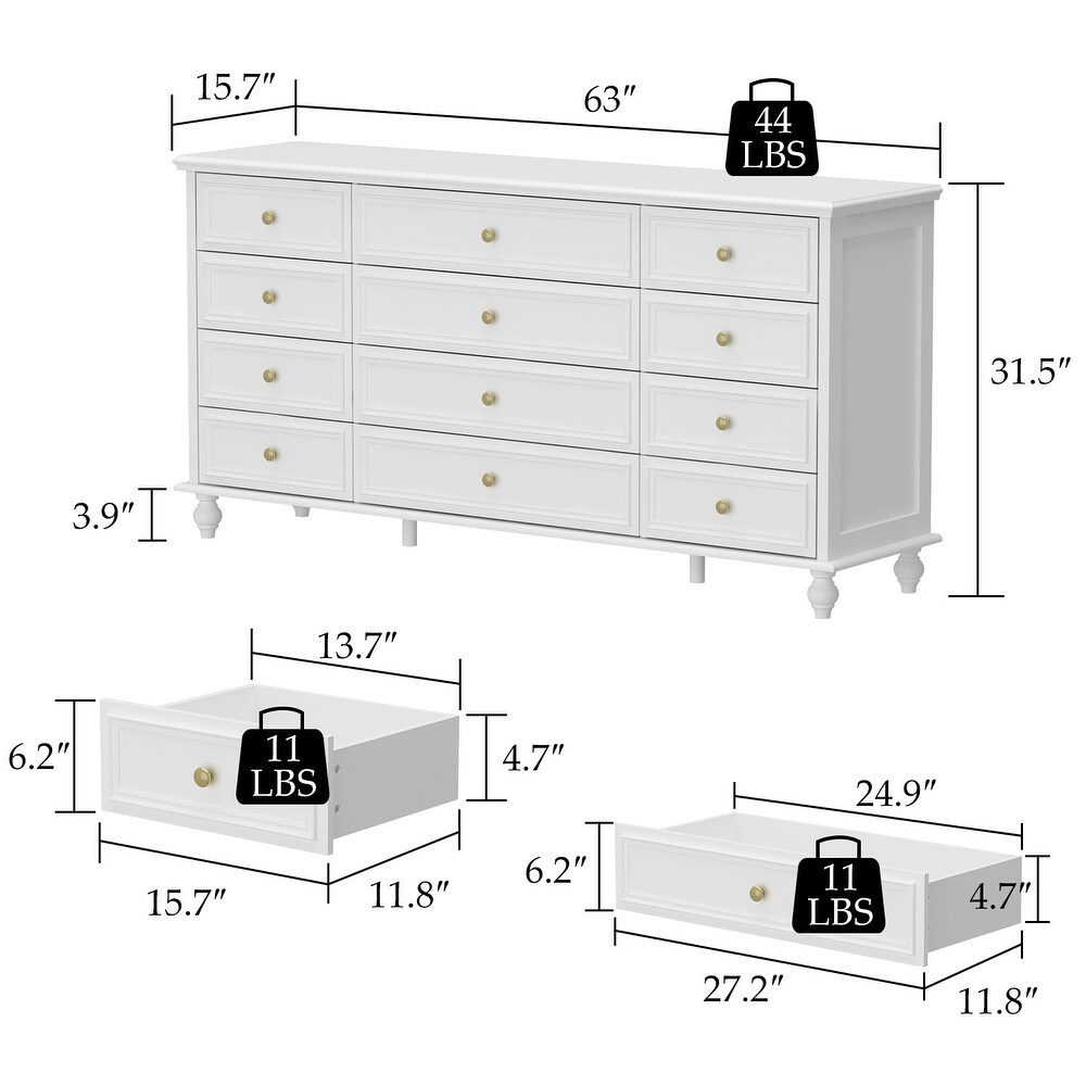 12 Drawer Closet 63'' W Dresser White Chest Srorage Cabinet Lacquer