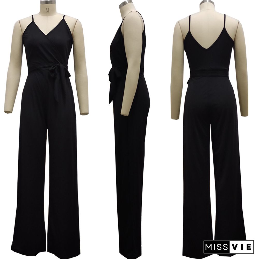 Women Elegant Summer Deep V Neck Sleeveless Solid Color Wide Leg Spaghetti Strap Bandage Jumpsuit