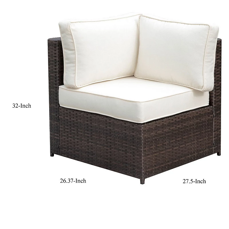 Faux Rattan Corner Chair with 1 Seat and 2 Back Cushions， Brown And Ivory