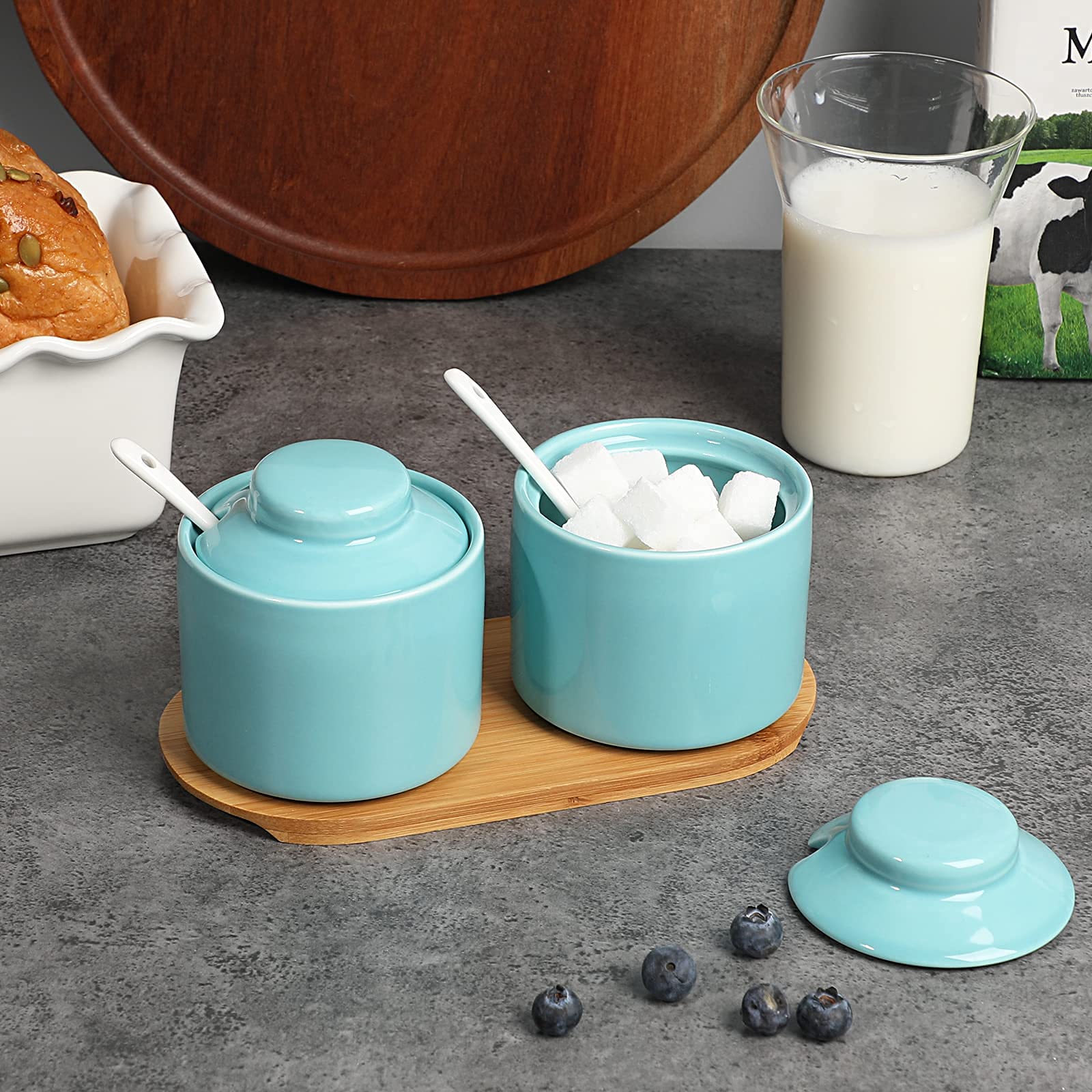 Ceramic Sugar Bowl with Lid and Spoon，Seasoning Box Salt Bowl with Tray Set of 2， 8oz Turquoise