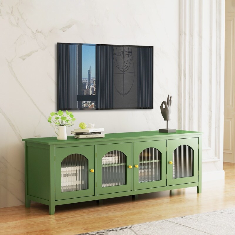 Vintage French Green TV Cabinet  Artist Home Sideboard Buffet with Glass Doors and Shelves  Accent Coffee Bar Storage Cabinet