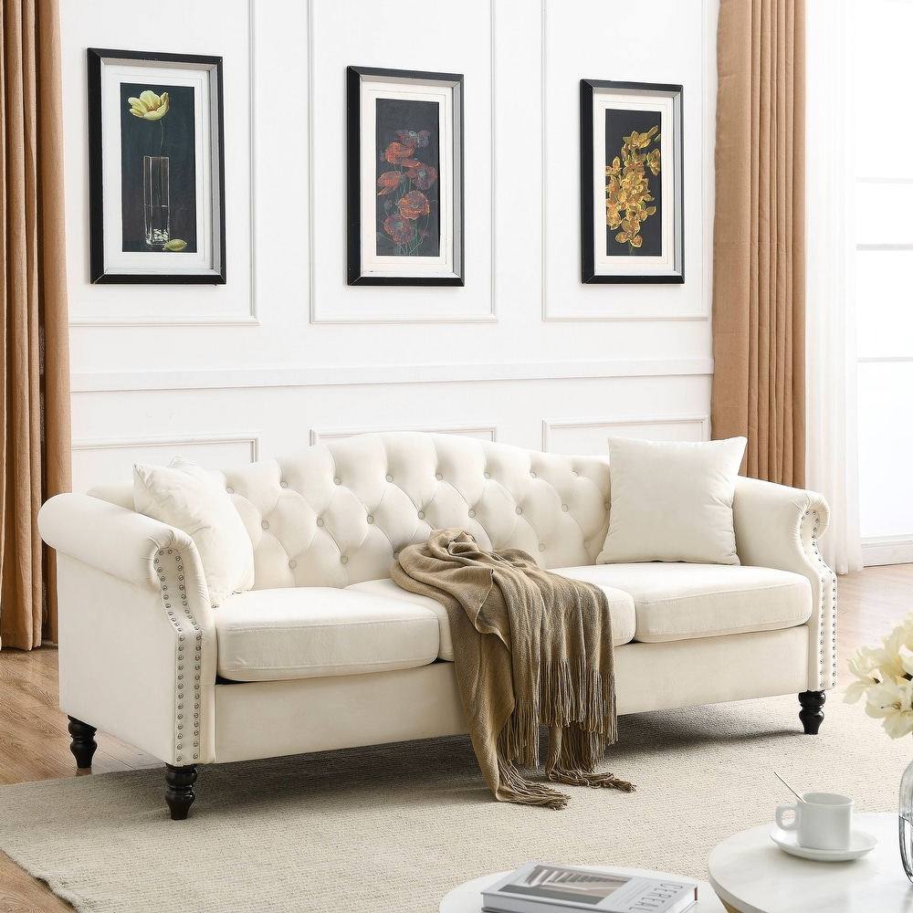 Beige Velvet Nailhead Trim Sofa Set  3 Seater + Loveseat