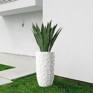 LuxenHome 12 in. W x 22 in. H White Geometric Pattern Round Clay Decorative Pot WHPL507