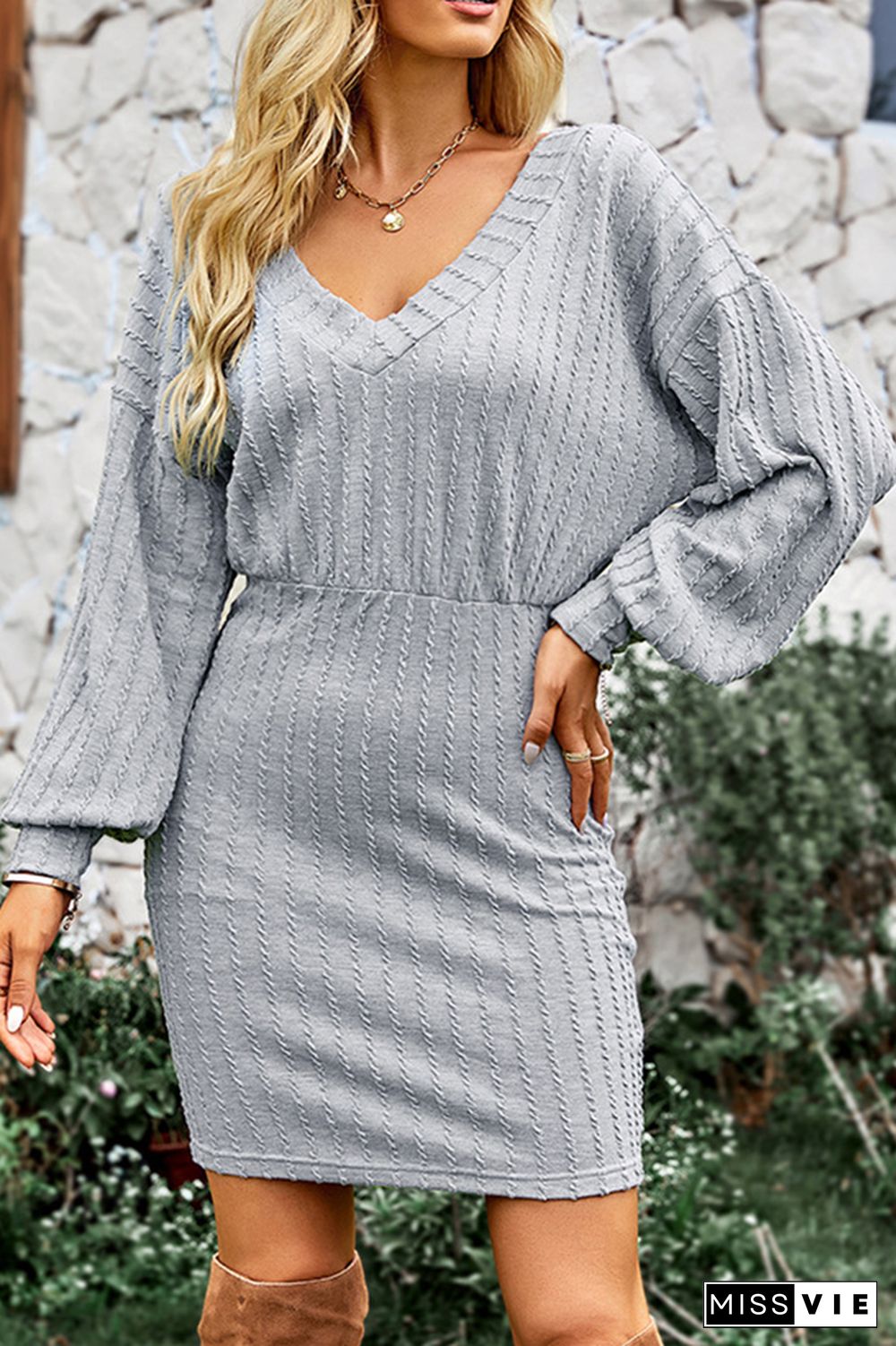 V Neck Texture Stripe Puff Sleeves Bodycon Dress