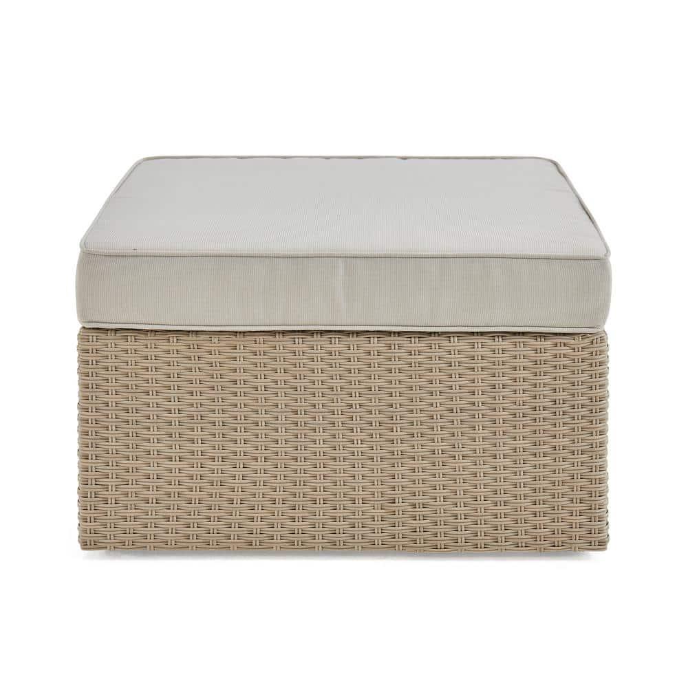 Alaterre Furniture Canaan Beige AllWeather Wicker Outdoor Square Ottoman with Cream Cushion