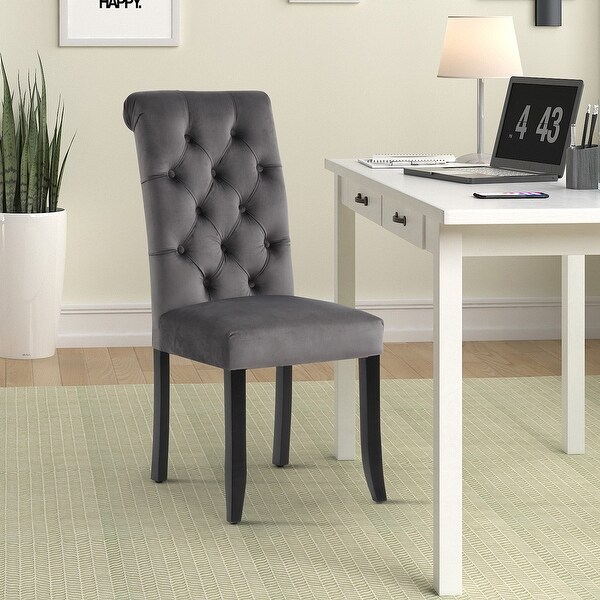 Set of 2 Dining Chairs with Button Tufted Upholstery， Sturdy Wood Frame Side Chair with Slightly Tapered Legs， Grey