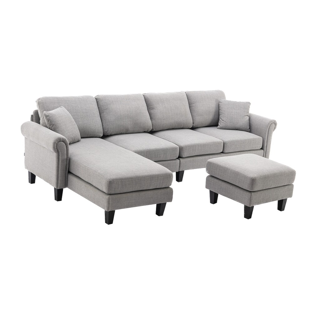 Velvet Upholstered L Shaped Sectional Sofa With Ottoman