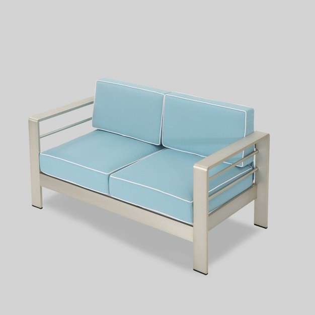 Cape Coral 2pc Aluminum Patio Loveseat amp Coffee Table Set Light Teal Christopher Knight Home