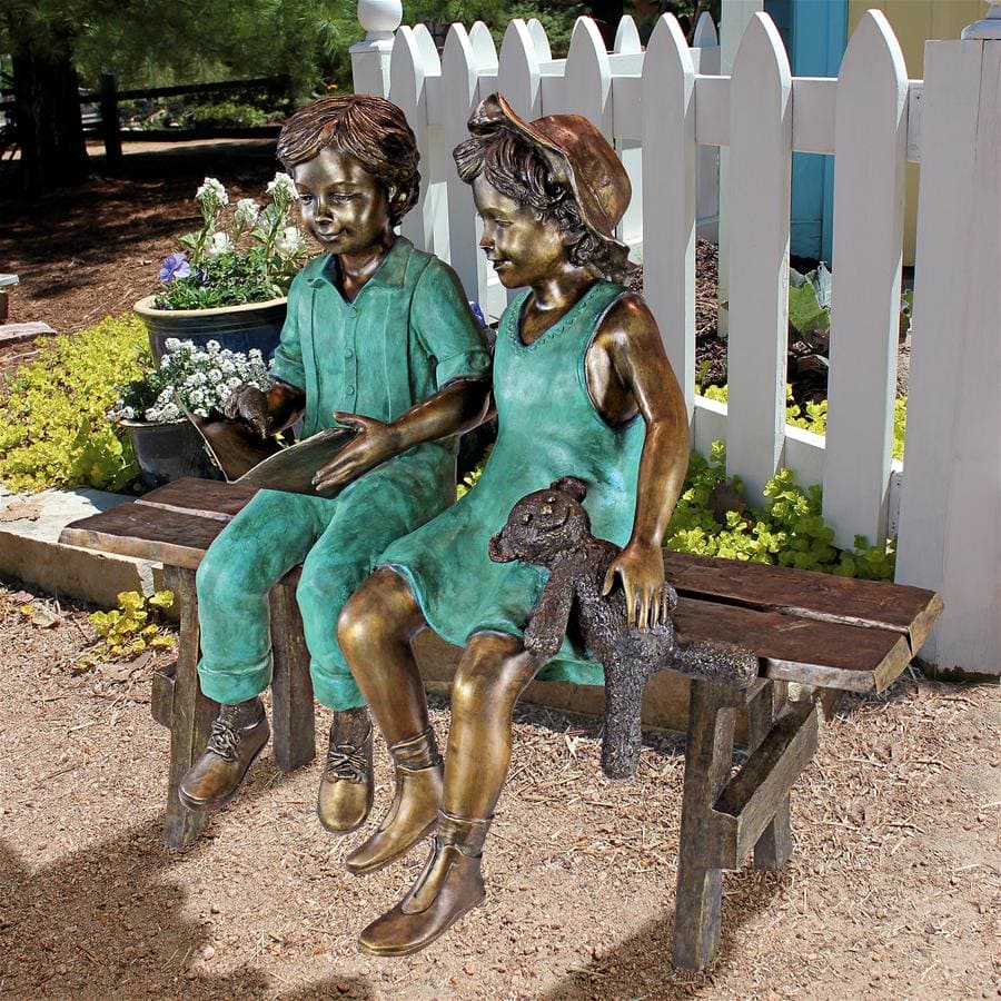 Read to Me, Boy and Girl on Bench Cast Bronze Garden Statue by Design Toscano