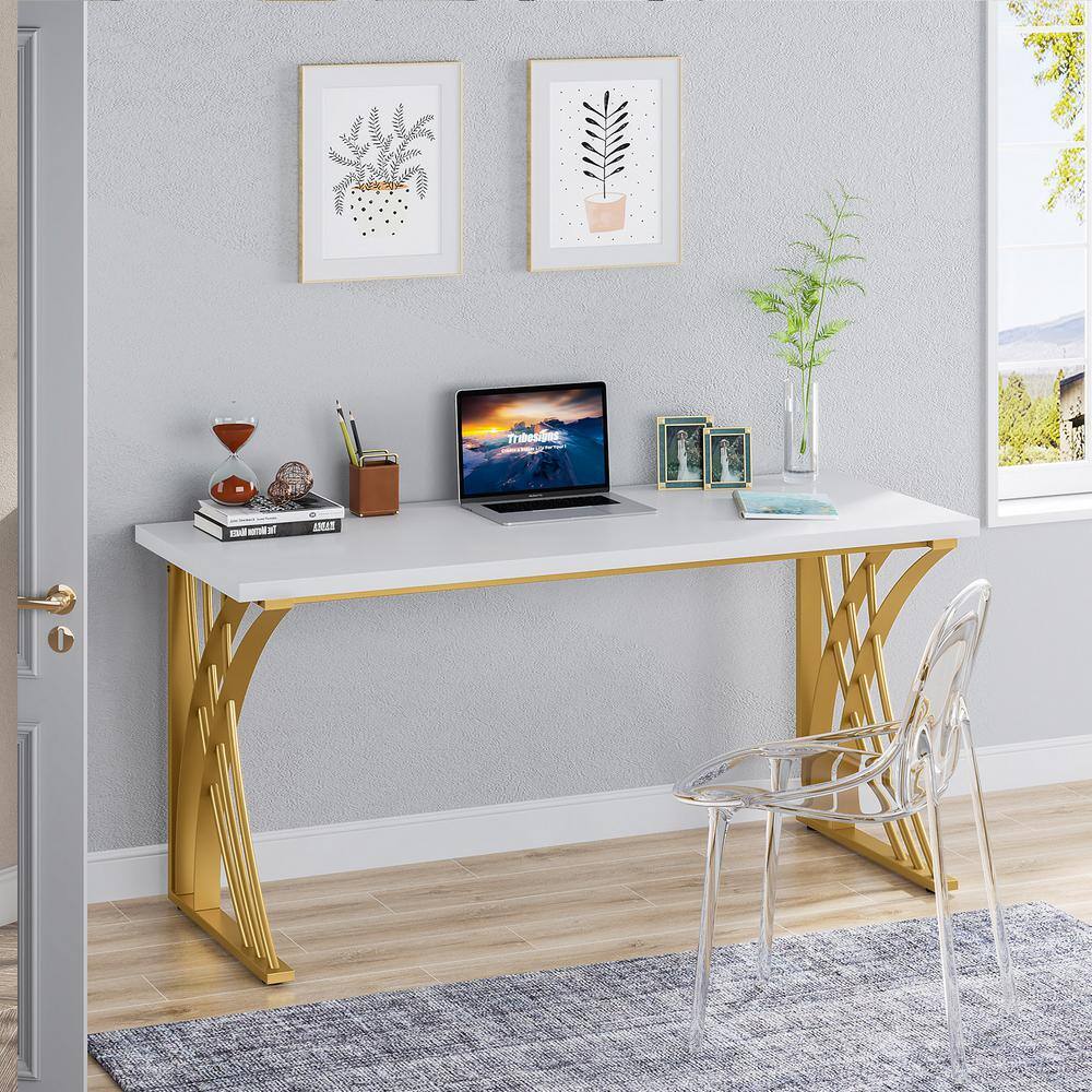 TRIBESIGNS WAY TO ORIGIN Perry 55 in. White Gold Wood Laptop PC Computer Desk Console Makeup Vanity Table Sturdy Writing Workstation HD-F1652-WZZ