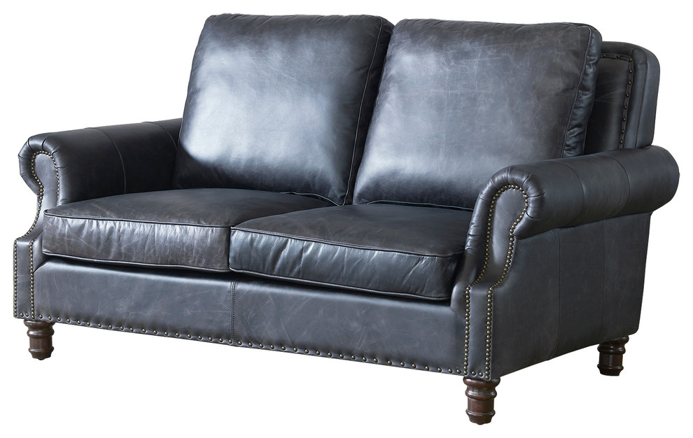 Vintage Leather English Rolled Arm Love Seat  Slate   Traditional   Loveseats   by Crafters and Weavers  Houzz