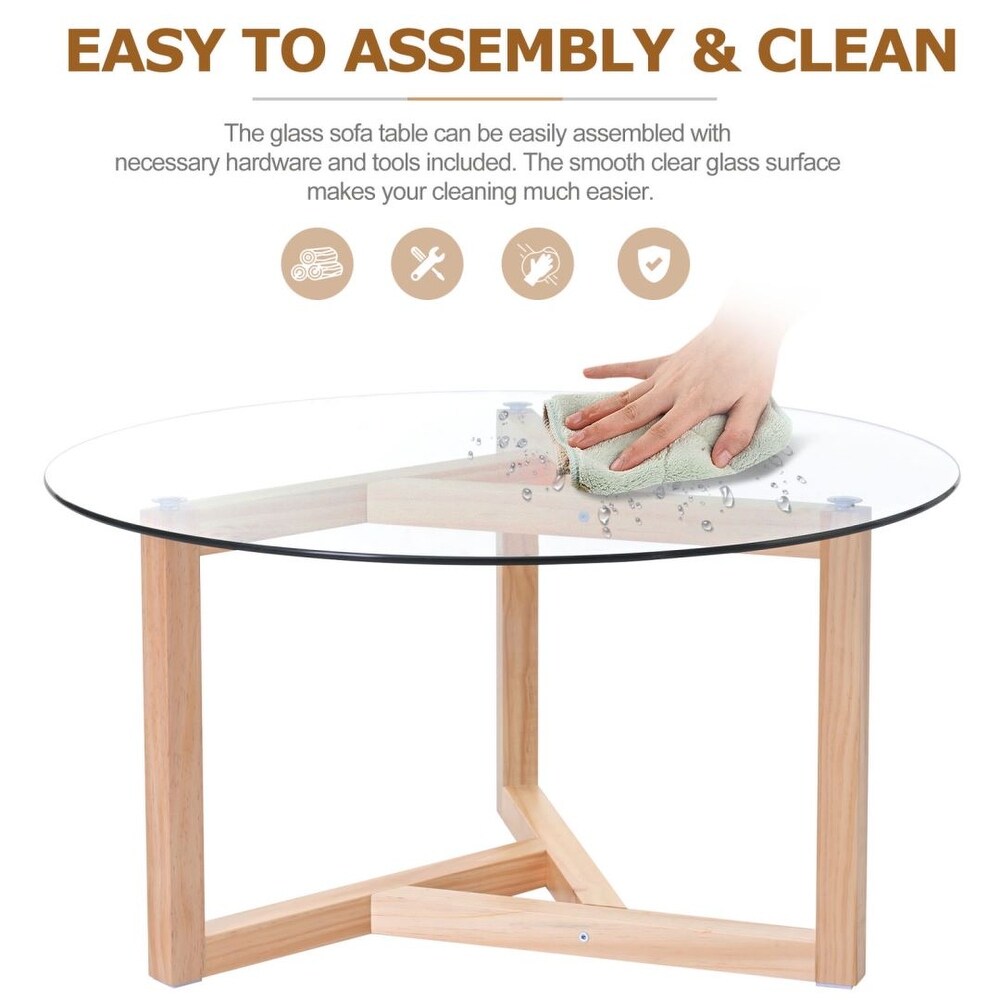 Round Glass Coffee Table with Tempered Glass Top and Sturdy Wood Base
