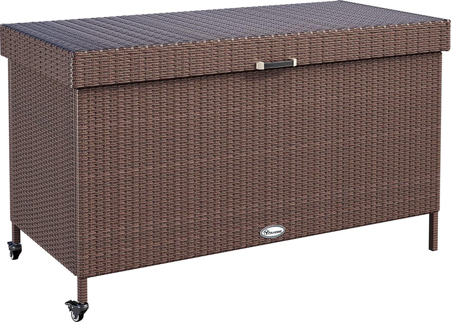 200 Gallon Large Wicker Deck Box w/Storage Net, Rattan XL Outdoor Storage Box Patio Cushion Storage, Waterproof Storage Box for Patio Furniture, Garden Tools, Pool Sports Equipment (Brown)