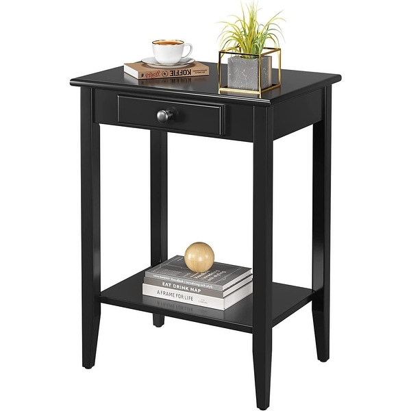 Table with Drawer Black End Table Narrow Bedside Tables with 2-Tier Storage Shelves Versatile Night Stand