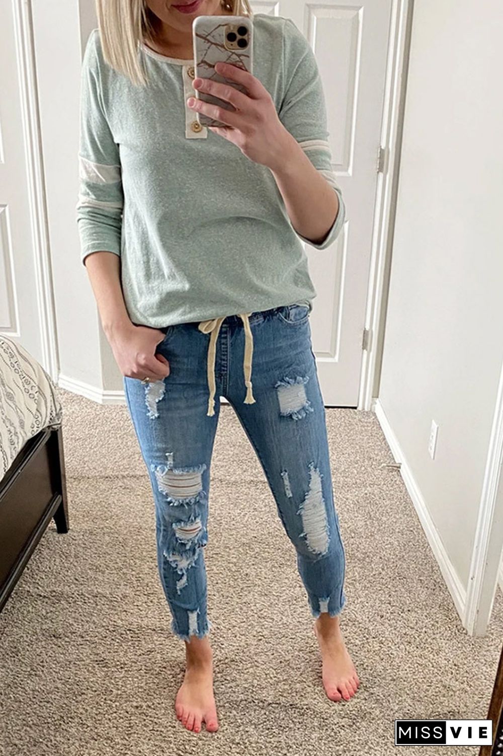 Drawstring Waist Ripped Skinny Denim Jeans