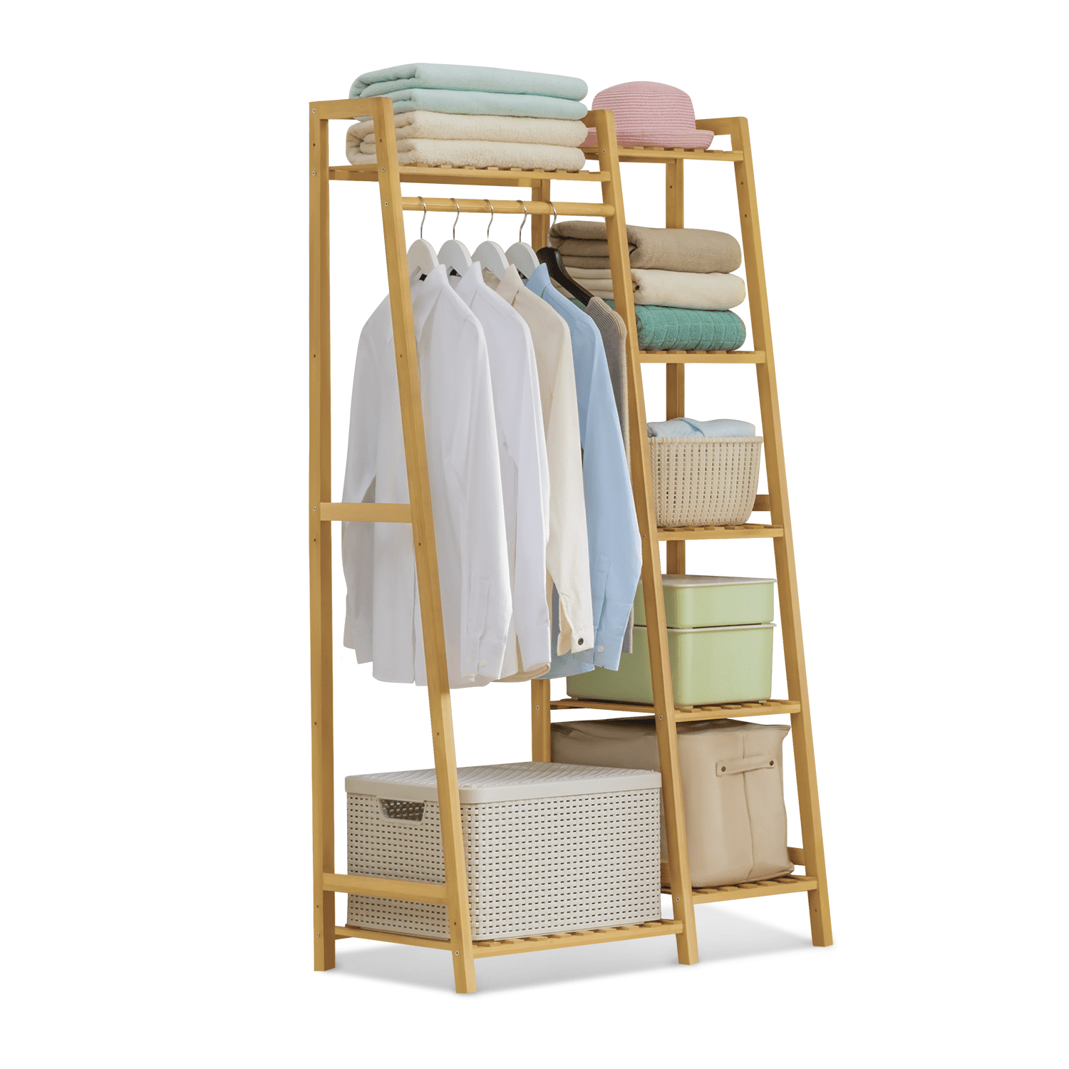 MoNiBloom Bamboo 5 Tiers Stable Trapezoid Coat Rack， Clothes Storage Shelf， Natural， for Bedroom