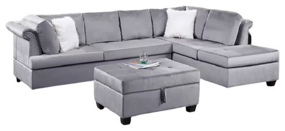 Valenca 3 Piece Sectional With Storage Ottoman Upholstered  Velvet   Transitional   Sectional Sofas   by Hollywood Decor  Houzz