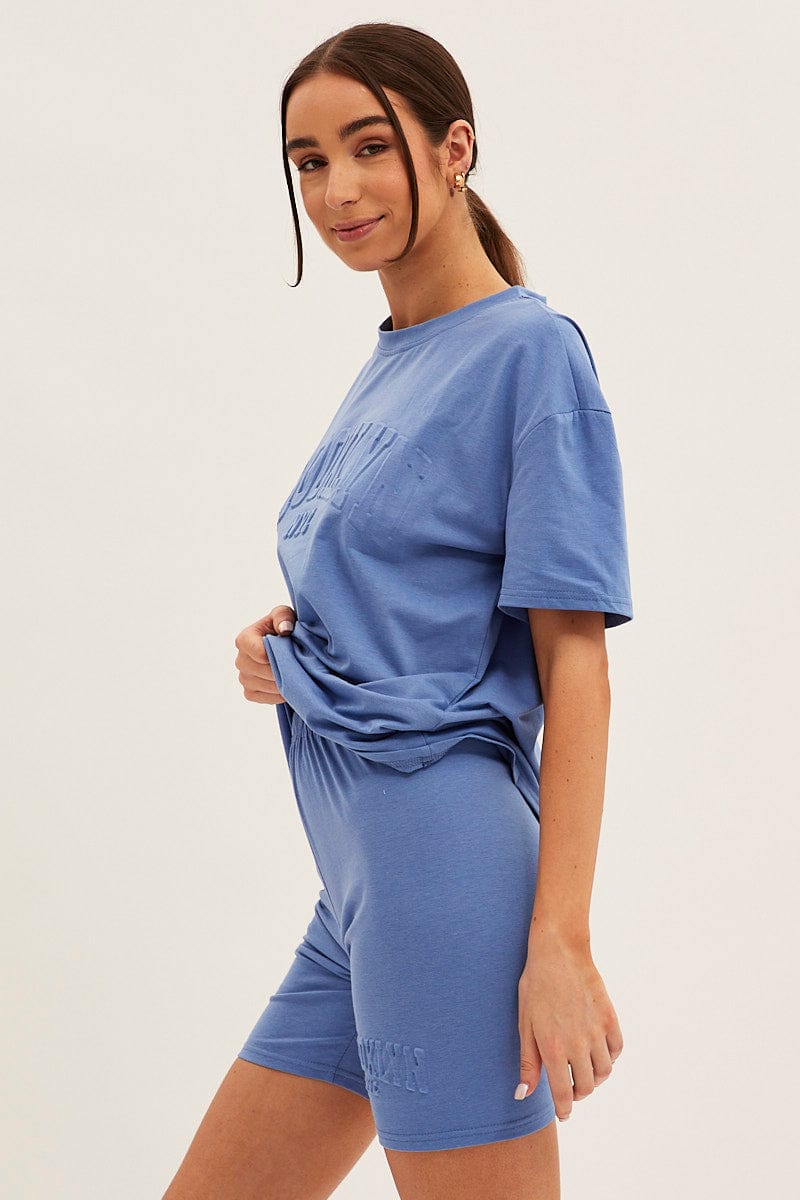 Blue Textured Tee And Biker Shorts Set