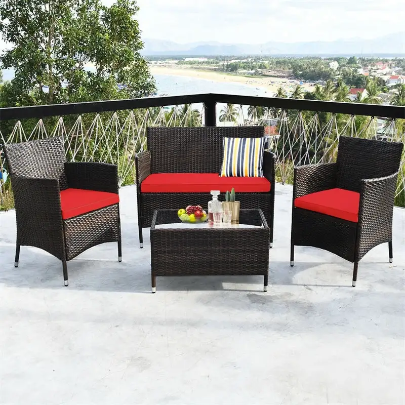 4 Pcs Outdoor Rattan Patio Conversation Set Wicker Furniture Set with Coffee Table and Cushioned Sofas