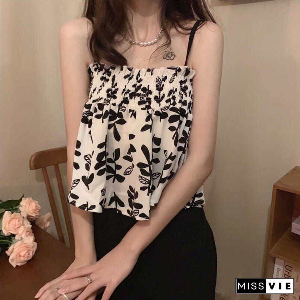 Camisole Womens Summer Sexy Lovely All Match Chic Ulzzang Lady Vintage Soft Print Trendy Elegant Daily Leisure Clothing Fit Tops