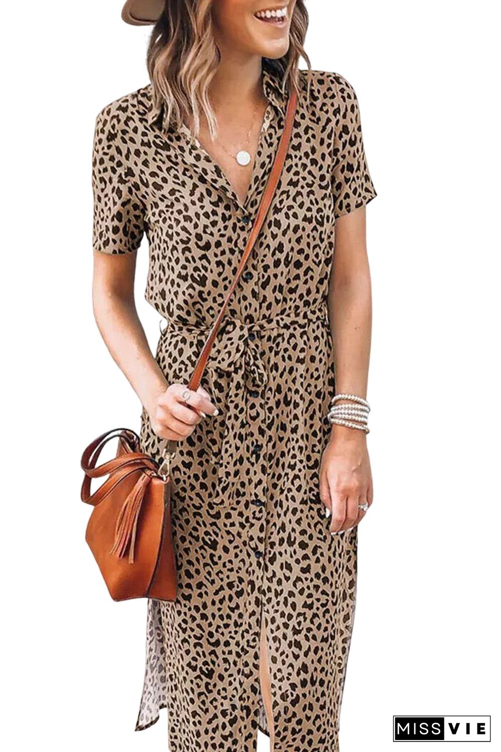 Khaki Leopard Turn-Down Collar Slit Midi Dress