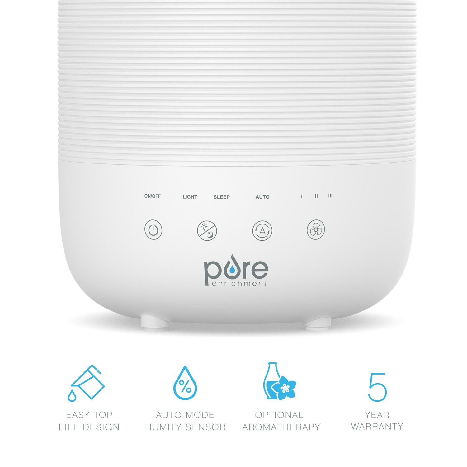 Pure EnrichmentA HUMEa c Sense Top Fill Humidifier -Auto Mode Humidity Sensor， 3 Mist Settings， Patented Magnetic Suspension， Optional Night Light， Optional Aromatherapy， Sleep Mode and Auto Shut-Off