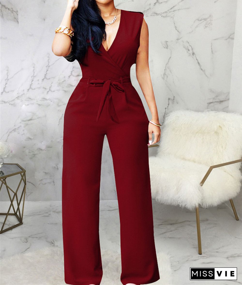 V Neck with Sashes Elegant Straight Leg Jumpsuits