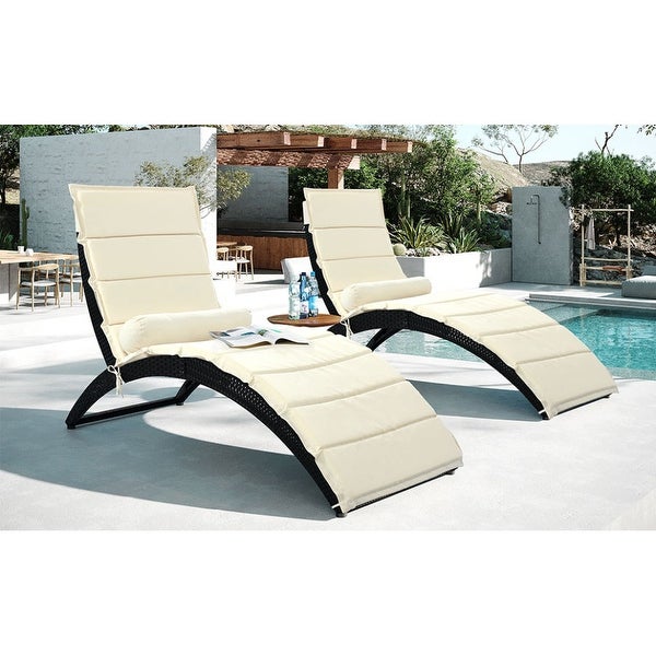 2-Pice Outdoor Patio Wicker Foldable Chaise Lounge with Cushion Pillow