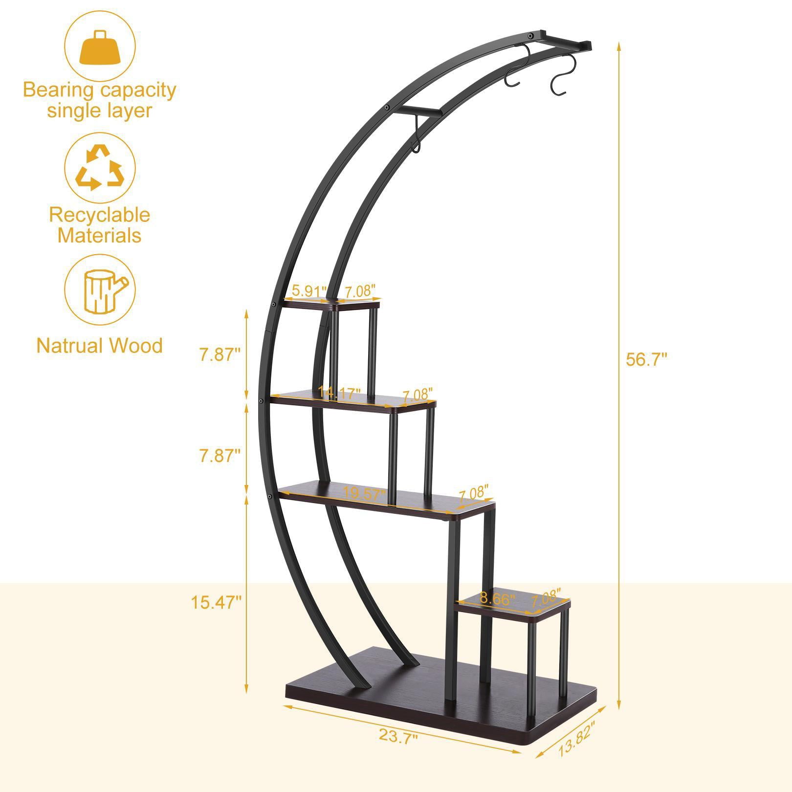 SEJOV 5 Tier Plant Stand for Indoor Plants, Half Moon Shape Plant Shelf with Hanging Hook, Multiple Planter Display for Home Decor, Living Room, Balcony, and Bedroom