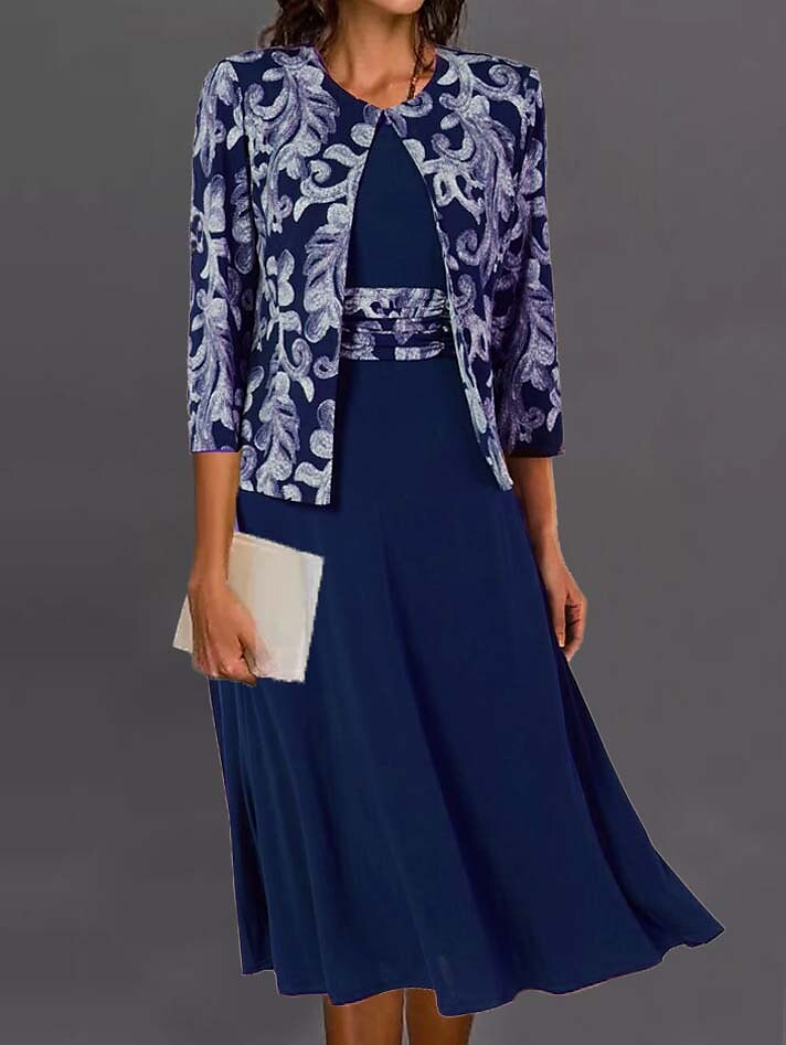 Women's Dress Set Two Piece Dress 3/4 Length Sleeve Print Crew Neck Casual dress