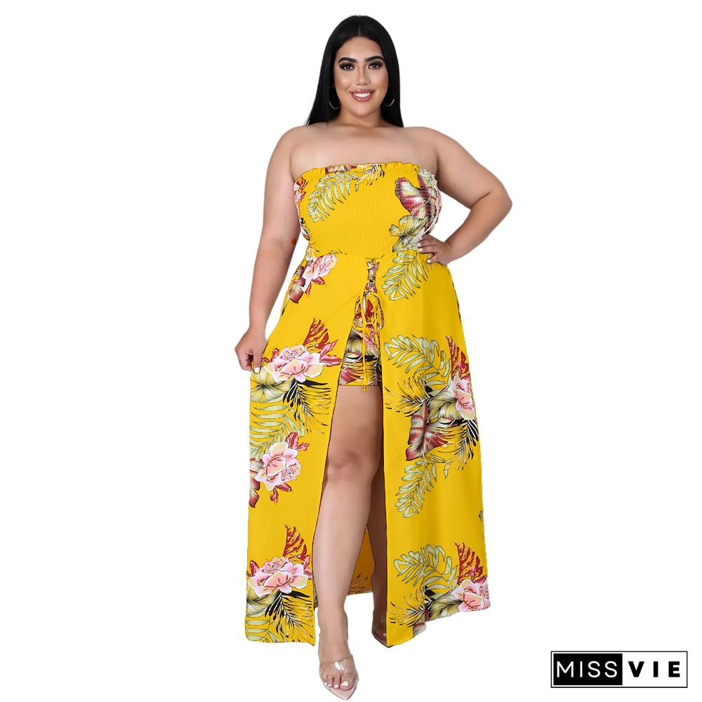 Summer Plus Size Women Clothing Floral Print Elastic Waist Beach Casual One Piece Split Jumpsuit