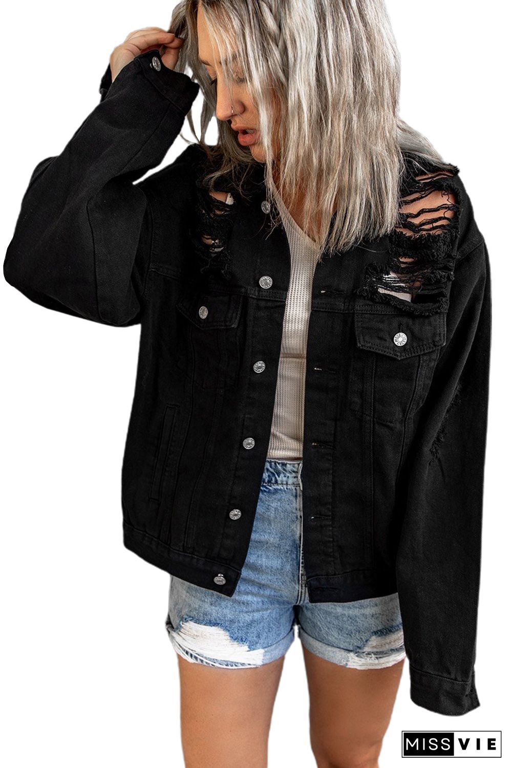 Black Distressed Buttons Chest Pockets Denim Jacket