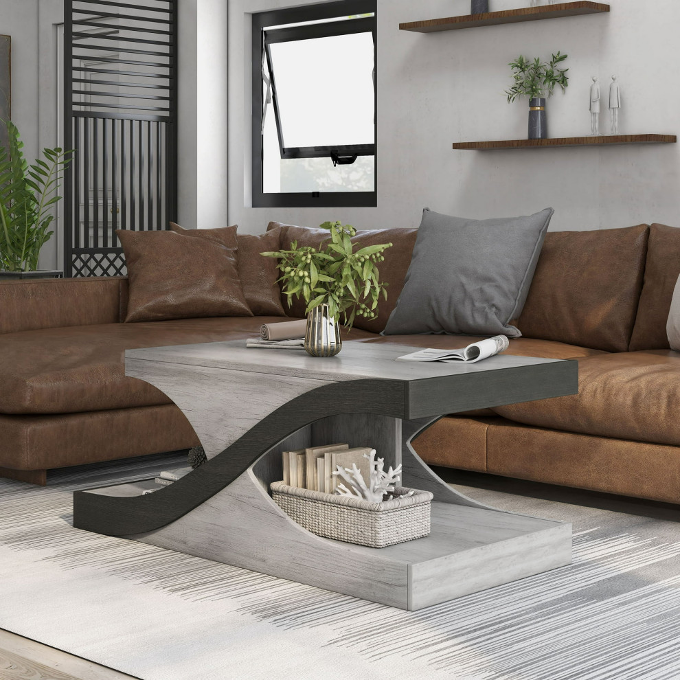 Contemporary Coffee Table  Geometric Design With 2 Lower Compartments  Gray Oak   Modern   Coffee Tables   by Declusia  Houzz