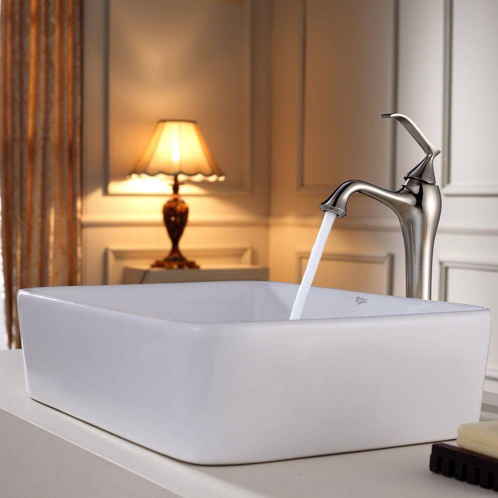 KRAUS Rectangular Ceramic Vessel Bathroom Sink in White with Pop Up Drain in Satin Nickel KCV-121-SN