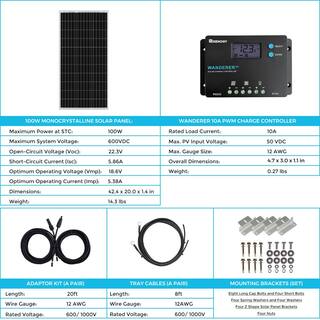 Renogy 100-Watt 12-Volt Off-Grid Solar Starter Kit w 1-Piece 100W Monocrystalline Panel and 10A PWM Wanderer Charge Controller RNG-KIT-STARTER100D-WND10