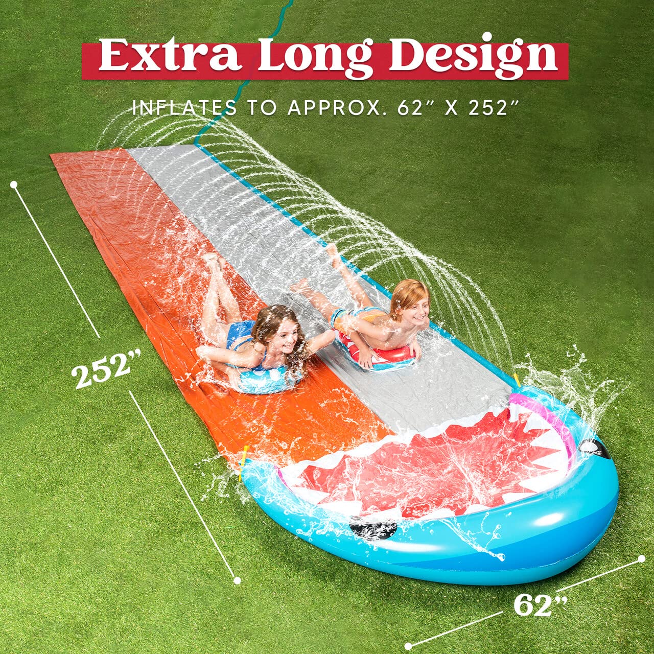 Sloosh 21ft Slip Slide 2 Person Deluxe Water Slides with 2 Boogie Boards Backyard Outdoor Waterslide 2 Sliding Racing Lanes with Sprinklers Summer Toy 21ft x 62in, Shark